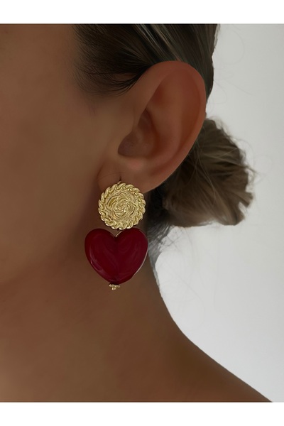 Twinssis Accessories Red Glass Heart Earrings with Gold Detail
