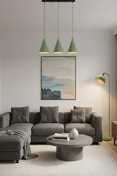 Luzarana Kuki Sıralı 3 Lü Metal Gövde Yeşil Renkli Avize Sarkıt Salon Mutfak Ofis Cafe Butik Lamba