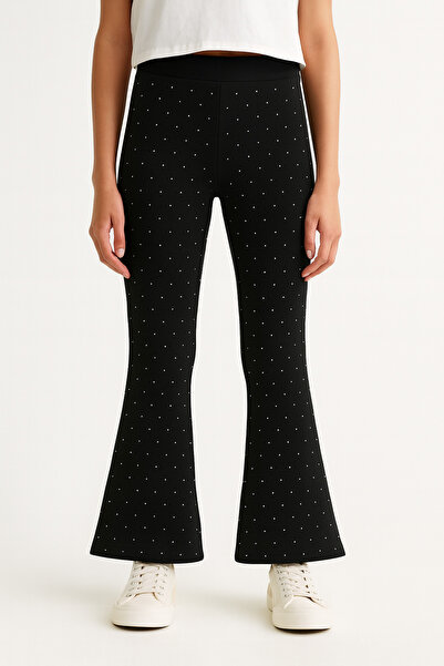 mini kanka 4-12 Yaş Flare Dokuma Fitilli İspanyol Paça Taşlı Tayt-Pantolon Kız Çocuk Tayt-Pantolon