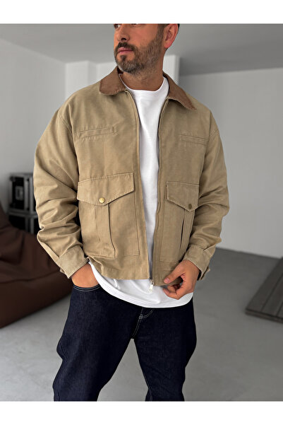 BYBASICMAN Jachetă bej cu detaliu buzunar la guler BRY-110-07