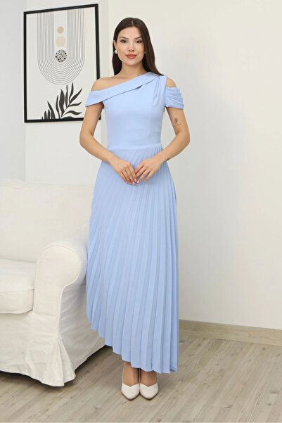 lodmela One Shoulder Pleated Detail Asymmetrical Dress 2381-Baby Blue