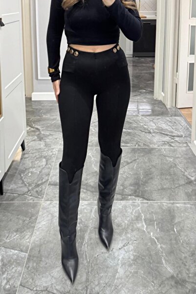 Banu Angay Gold Düğme Detaylı Çelik Tayt Siyah