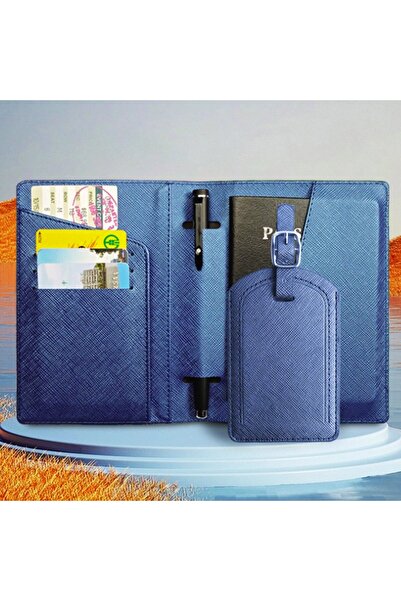 Flippy Portofel pentru pașaport și card, 23x16 cm, piele PU, suport pentru pix, etichetă pentru bagaj, unisex, albastru