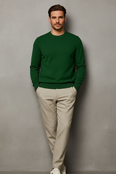 COMBİNE MİCHAİL Men's Crew Neck Casual Khaki Knit Sweater