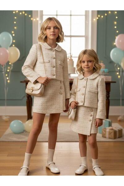 Zekids Jachetă din țesătură tweed pentru fete și set de fustă pantalon scurtă piese