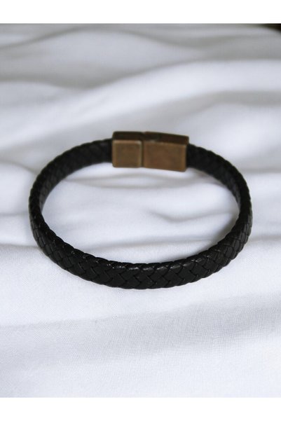 DEHNA Black Braided Genuine Leather Bracelet |   Antique Yellow Magnetic Closure |   4 Size Options Available