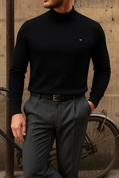 comstar Pulover negru pentru bărbați, iarnă, cu jumătate de gât, strâns, basic