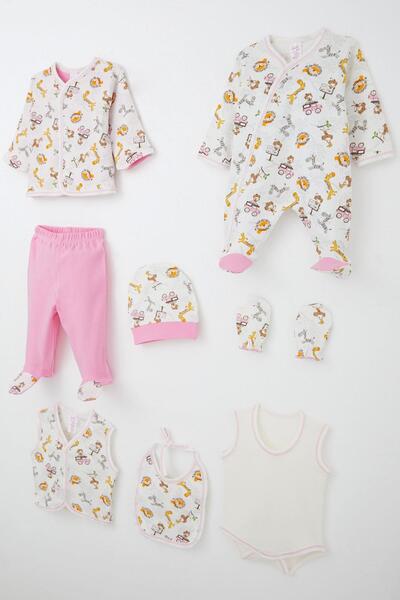 Breeze Baby Girl Hospital Release 8-Piece Safari Adventure Cute Animals Patterned 0-3 Months, Ecru