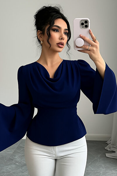 Deafox Navy Blue Round Neck Detail Long Sleeve Self Belted Crepe Fabric Blouse