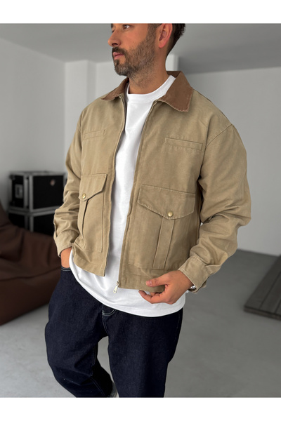 BYBASICMAN Jachetă bej cu detaliu buzunar la guler BRY-110-07