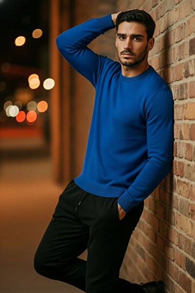 COMBİNE MİCHAİL Ανδρικό Βασικό Άνετο Μπλε Χαλαρό Πλεκτό Πουλόβερ