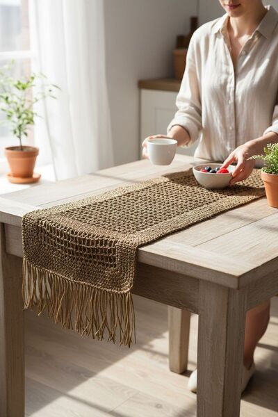ANJEAHOME مفرش طاولة من رونس مصنوع يدويًا من الكرافت مع شراشيب |   خيط ورقي |   ديكور أنيق لأدوات المائدة