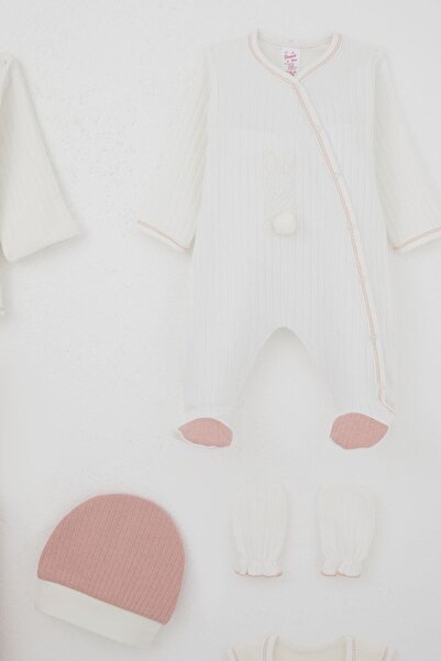 Breeze Baby Girl Hospital Release 8-Piece Pompom Bunny Embroidered 0-3 Months, Ecru