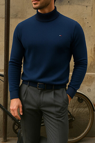 comstar Ανδρικό χειμερινό πουλόβερ με μισό λαιμό, στενό βασικό πουλόβερ σε μπλε ναυτικό