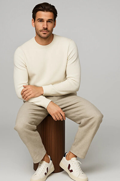 COMBİNE MİCHAİL Men's Crew Neck Casual Cream Knit Sweater