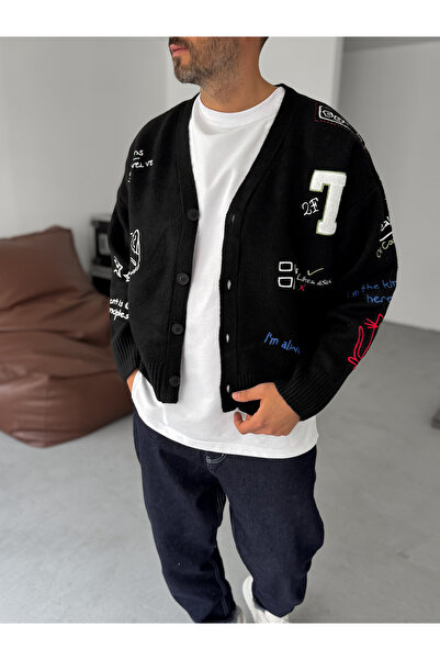 BYBASICMAN Μαύρη ζακέτα με κουμπιά με μικτό κέντημα TW-1004