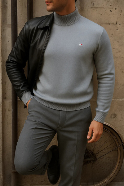 comstar Men's Winter Half-High Collar Slim Fit Basic Gray Sweater