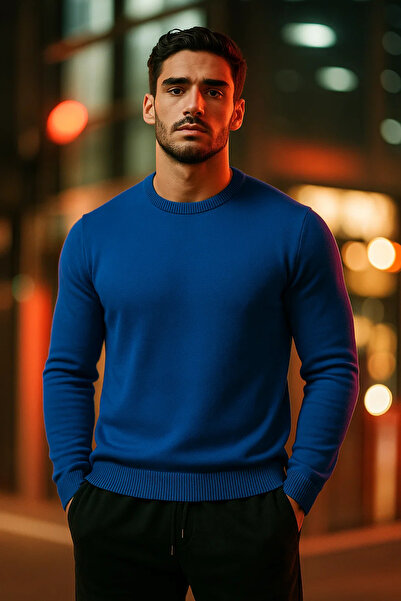 COMBİNE MİCHAİL Ανδρικό Βασικό Άνετο Μπλε Χαλαρό Πλεκτό Πουλόβερ