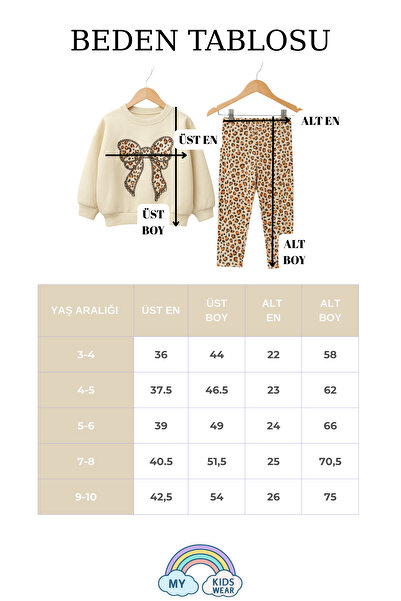 My Kids Wear Girl's Bow Detailed Leopard Patterned Leggings 3 Thread Set Ş Fleece-Lined 2-10 Years 12331
