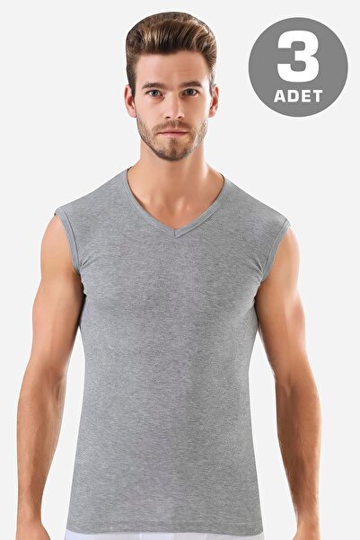 Arma Yıldız 3 Pieces Gray Sleeveless Men's Undershirt V-Neck Zero Sleeve T-Shirt 100% Cotton