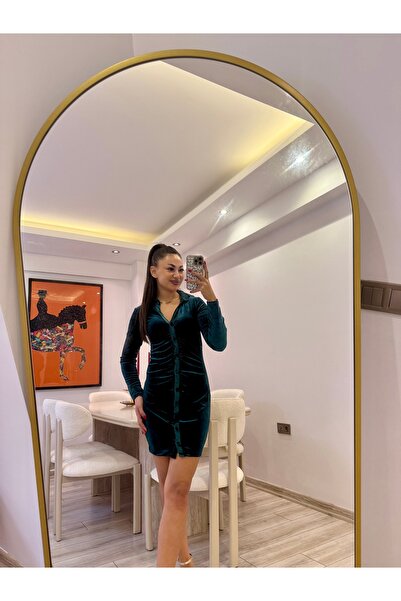 Gamze Ege Fashion Haki kadife düğmeli elbise