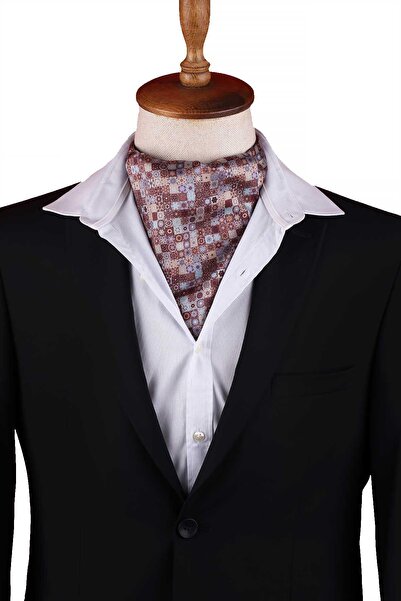 Kravatkolik Brown - Blue Mosaic Motif Pattern Men's Scarf Ascot K670