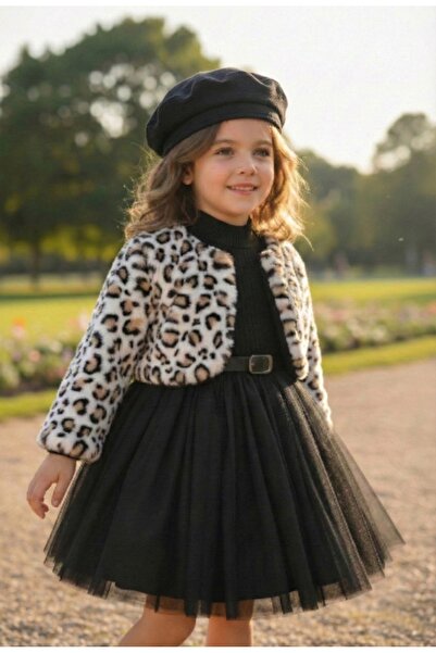 Milon Moda 4 piese: haină de pluș leopard, rochie din tul, pălărie și curea