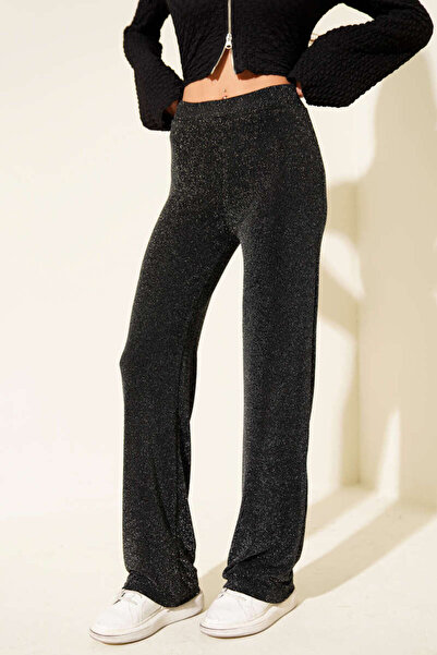 ByMisa Store Women's Black Elastic Waist Flared Glitter Palazzo Trousers