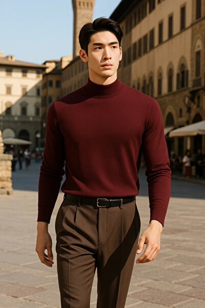 COMBİNE MİCHAİL Men's Casual Stylish Relaxed Loose Burgundy Knitwear Sweater