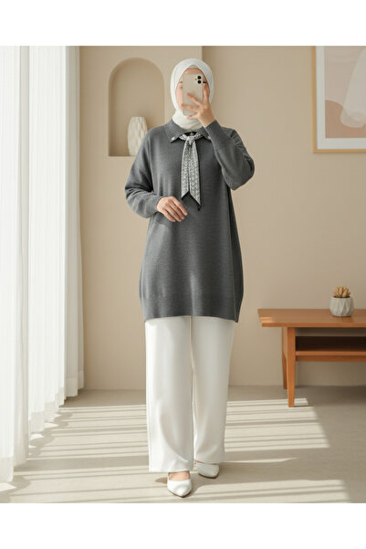 Modamorfo Polo Collar Scarf and Slit Casual Knitwear Tunic - Smoked