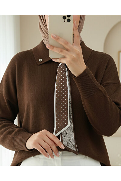 Modamorfo Polo Collar Scarf and Slit Casual Knitwear Tunic - Brown