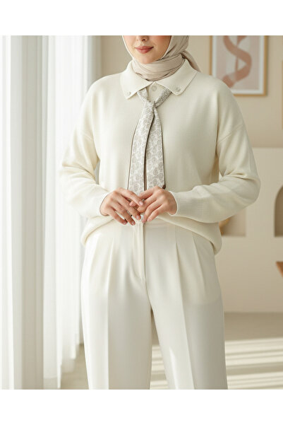 Modamorfo Tunica tricotată lejeră cu guler polo și șal - Crem