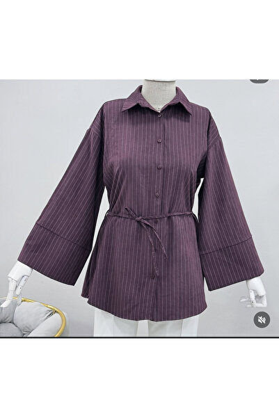 TS Çizgi Tekstil Çizgi detaylı kadifemsi gömlek