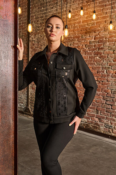 DE WHITES سترة كبيرة الحجم من الفولاذ المنسوج مع تطريز بالحجر والترتر