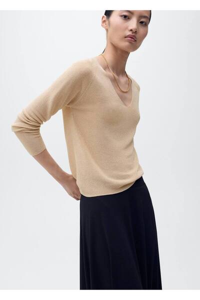 MANGO Woman Lureks kumaş V yaka kazak