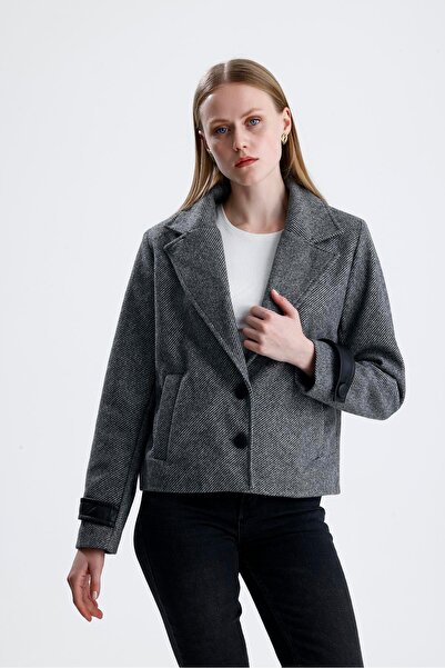 VELİZADE Women's Gray Herringbone Patterned Cashmere Look Short Jacket Black ...