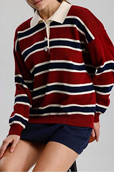 Elfin Striped Buttoned Polo Neck Women's Knitwear Sweater
