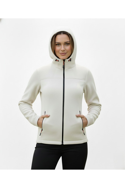 VEGA PORT Fleece pentru femei cu glugă cu fermoar pe lungime, culoare ecru