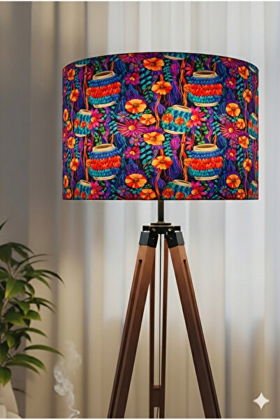 Otay Ev Dekorasyon Renkli Sepetler Desenli Dijital Baskı Kumaş Lambader Başlığı ( Sadece Başlık )