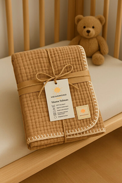 Heianmono Kids 4 Layer Shepherd's Stitch Caramel Color 100% Cotton Muslin Baby Blanket (100X120 cm)