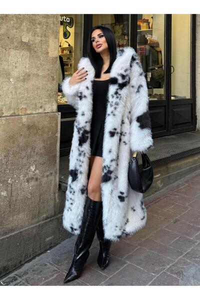 maymagaza Lupsi Kapşonlu İthal Kürk Benekli Siyah