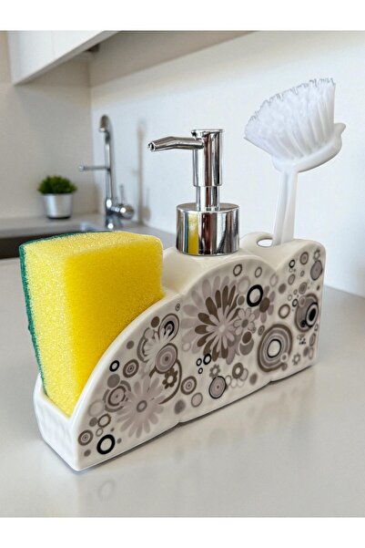 maraşçarşısı Şık ve Pratik Seramik Süngerlikli Fırçalıklı Sıvı Sabunluk/Deter...