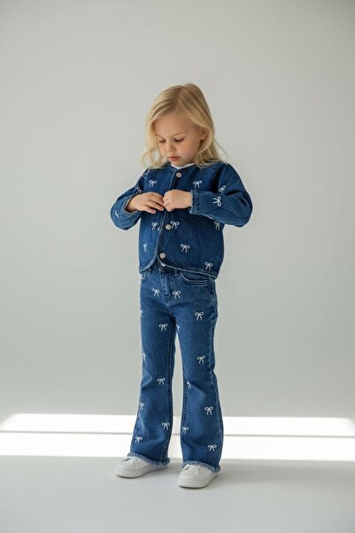 RONYPONY Set de 2 piese din denim pentru fete, jachetă din denim brodată, pantaloni