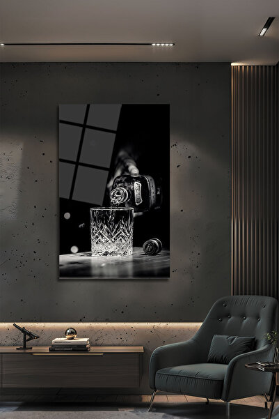 B&G DESIGN Masă decorativă din sticlă, cu tematică de whisky, în culorile alb...