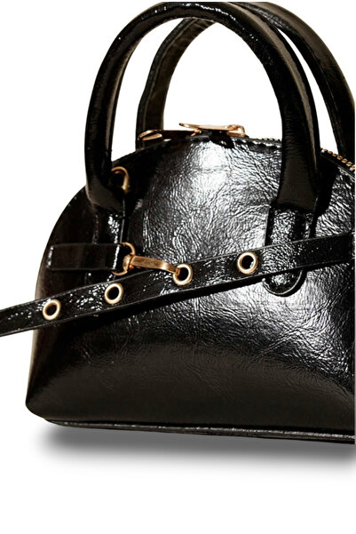 EZZY BLİSS Geantă de umăr și curea pentru femei, neagră, elipsă, dimensiune mică-mini, cu centură strălucitoare, cu fermoar