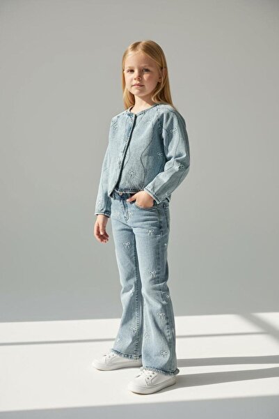 RONYPONY Set de 2 piese din denim pentru fete, jachetă din denim brodată, pantaloni