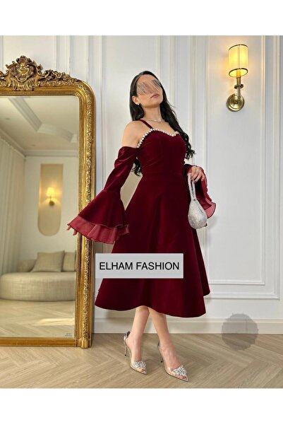 ELHAM FASHION فستان سهره مخملي عنابي باكمام جرس وكرستال