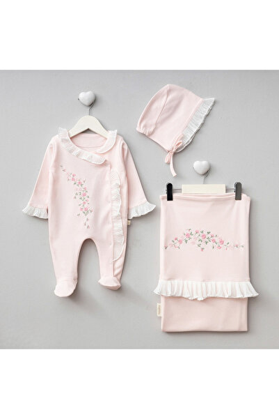 Pugi Baby KIZ 0-3 AY PLİSELİ KIZ BEBEK HASTANE ÇIKIŞI YENİDOĞAN BATTANİYE TULUM SET 3' LÜ SET