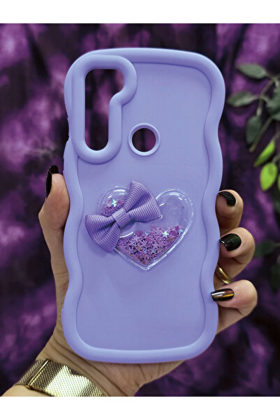 Magic Ring Xiaomi Redmi Note 8 Uyumlu Kalpli ve Kurdeleli Yıldız Simli Lila Telefon Kılıfı