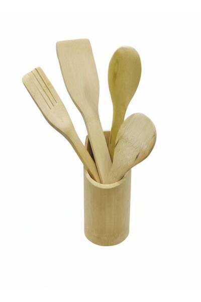 Roomlyne Set of Bamboo Kitchen Utensils with Holder - Durable Cooking Tools f...